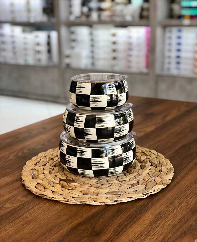 ظروف نگهداری لعابی غذا سه تایی آجار طرح شطرنجی کدXAP-22-0236